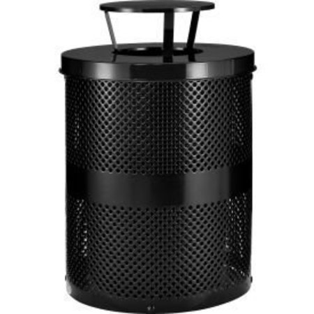GLOBAL EQUIPMENT Outdoor Perforated Steel Trash Can With Rain Bonnet Lid, 36 Gallon, Black 261927BK